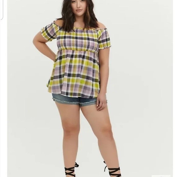 TORRID 5 MULTI PLAID SMOCKED OFF SHOULDER PEPLUM TOP - Picture 3 of 9